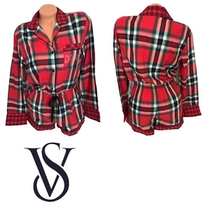 Victoria Secret Flannel Red Plaid Sleep Romper Size Medium - Picture 1 of 4