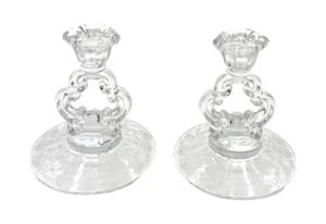Vtg Cambridge Keyhold Candle Stick Holders Chantilly Lace Floral Etched Base (2) - Picture 1 of 15