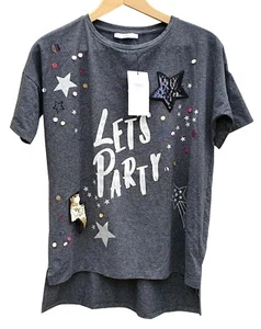 MARKS & SPENCER Girls Dark Grey Short Sleeve Lets Party Polyester Cotton T Shirt - Picture 1 of 8