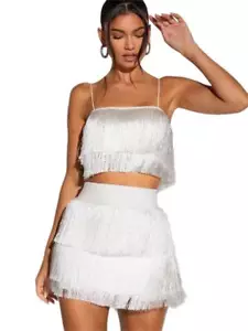 Camisa para mujer SHEIN con flecos blancos detalle y falda de maíz talla M nueva sin etiquetas - Imagen 1 de 3