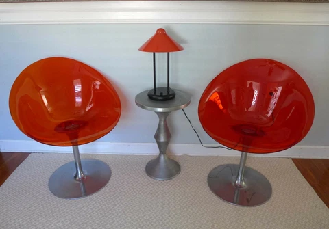 2 Red Kartell EROS Chairs Acrylic Swivel Chairs Chrome Base Phillipe Starck MCM Cover
