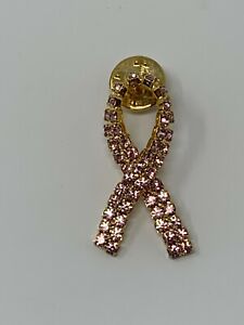 Gold Tone & Pink Gemstone Breast Cancer Awareness Ribbon Pin Brooch