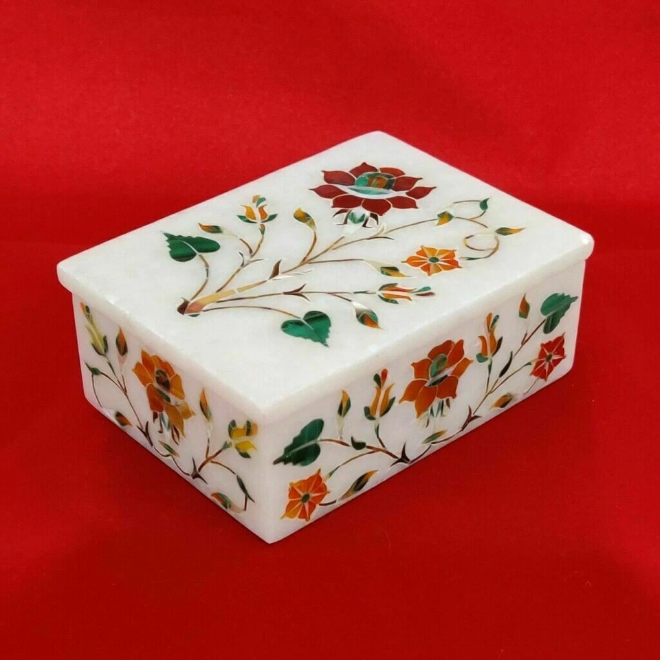 4"x 3"x 2" Marble Jewelry Box Multi Color Semi Precious Stone Handmade Gifts - Image 1 of 1