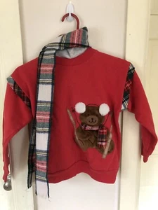storybook girl Red top shirt teddy bear and tarten scarf Sz 7 Christmas Holiday - Picture 1 of 12