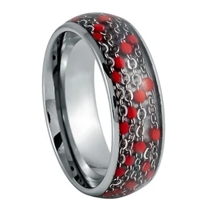 Dome Silver IP 8mm Men's Tungsten Carbide Ring Cable Chain and Red Beads Inlay - Picture 1 of 4