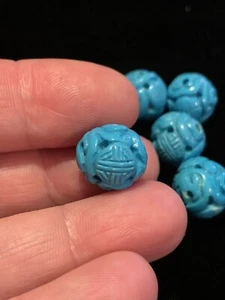 Una perlina cinese intagliata vintage pietra preziosa turchese blu naturale shou rotonda 12 mm - Foto 1 di 10