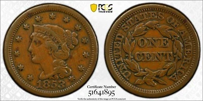 PCGS VF30 1853 Braided Hair Large Cent Very Fine - Image 1 of 3