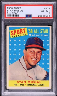 1958 Topps #476 Stan Musial All Star PSA 6 **Bonito atractivo visual general** Foto 1 de 2