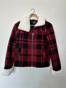 Coffee Shop New York Damen XS rot schwarz kariert Schnalle Kunstfell Jacke - Bild 1 von 4