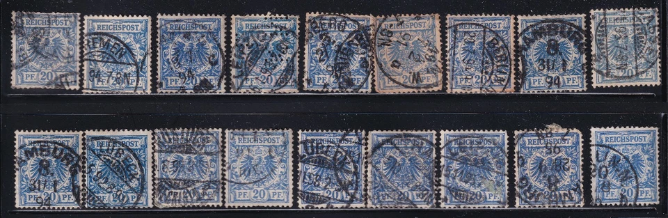 Alemania 1889. Mi:DR 48a, b, + otros. Tonos de azul. 18 uds. Gato US$ 32,00 Foto 1 de 1