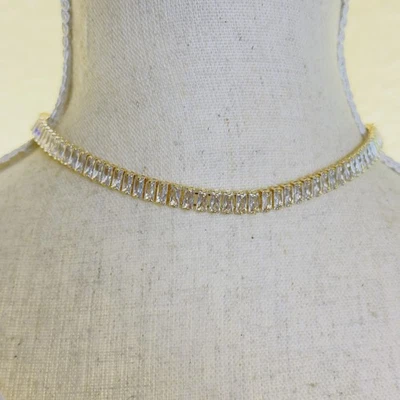 Gold Baguette Crystals Tennis Necklace 16"  Choker Women's Ladies - Image 1 of 4