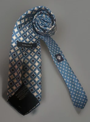 Gravata de seda VERSACE medalhão azul geométrica ouro medusa logotipo 60 X 3,5 ver falha - Imagem 1 de 4