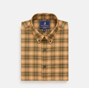 🧡 Wool and Prince 130 Button Down Men’s Size L Regular Fit -Ochre  Green Plaid - Picture 1 of 10