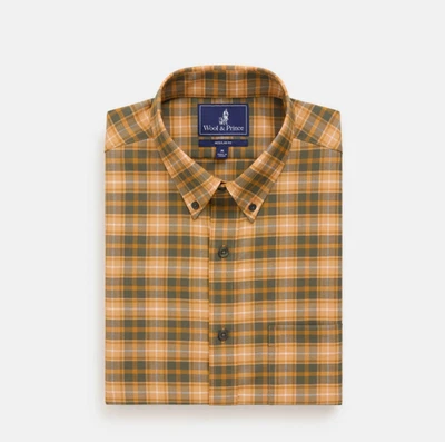 🧡 Wool and Prince 130 Button Down Men’s Size L Regular Fit -Ochre  Green Plaid - Image 1 of 4
