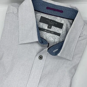 Ted Baker Polsino a flip da uomo abbottonato Lungo Slv. Camicia abito bianco/blu a righe 16 - Foto 1 di 10