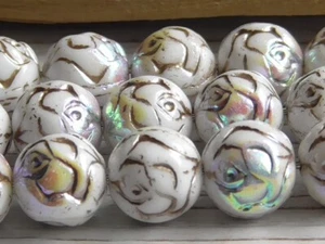 8 - 10mm CZECH OPAQUE WHITE AB METALLIC GOLD WASH ROSE BUD FLOWER BLOSSOM BEADS - Picture 1 of 3
