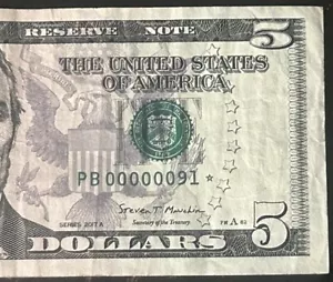 (S/N 91!) $5 Rare Very Low Two 2 Digit STAR NOTE Fancy Serial Number PB00000091* - Picture 1 of 4