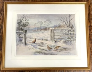 Original ROLAND GREEN Painting -  Pheasants by a Gate - Snow, Winter, Birds F/G - Picture 1 of 8