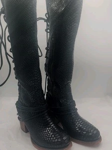 Freebird Coal Women's Size 5 Black Leather ReptileLace Up Back Riding Boots Boho - Picture 1 of 8