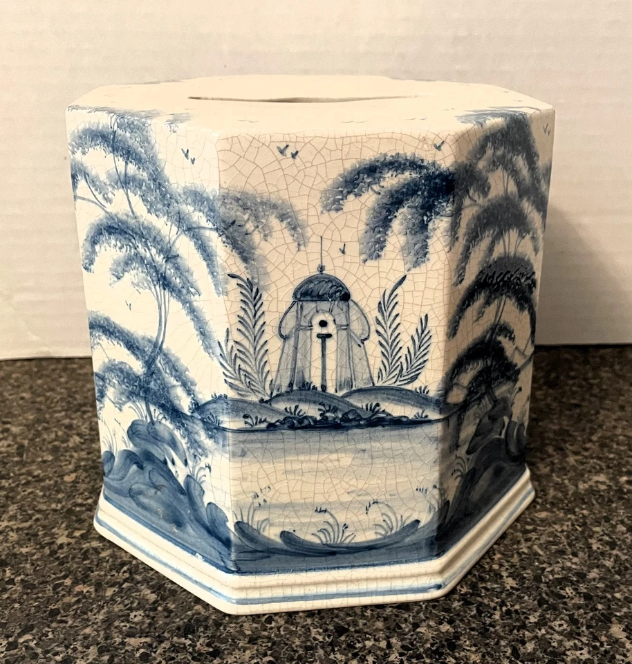 РЕДКИЙ итальянский делфтский синий стиль керамический фарфор ТКАНЬ ДЛЯ ВАННЫ коробка ЧЕХОЛ держатель - Изображение 1 из 4