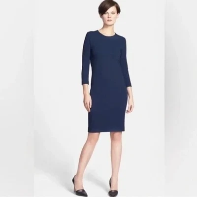 Vince Navy Blue Stretch Sheath Dress Size Medium 3/4 Sleeve Back Zip Minimalist - Image 1 of 4