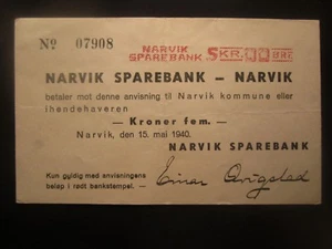 NORUEGA NARVIK 1940 BANCO DE REPUESTO 5 CORONAS - Imagen 1 de 2