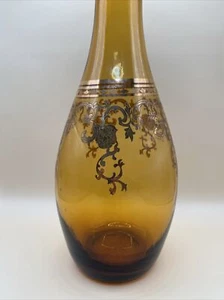 Vintage Amber Gold Flowers Art Glass Genie Bottle Decanter Stopper Bohemian - Picture 1 of 8