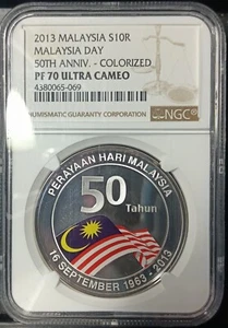 MALAYSIA 2013 S10R MALAYSIA DAY 50TH ANNIV. -COLORIZED NGC PF70 ULTRA CAMEO. - Picture 1 of 4