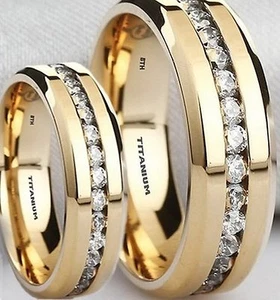 Personalised MATCHING couple Wedding Rings ,His &Hers Titanium Gold Ring Set- UK - Picture 1 of 9