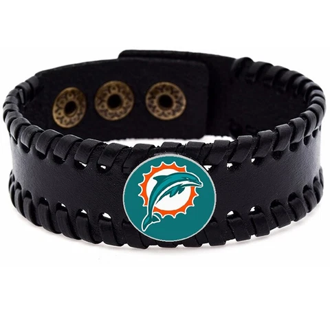 Miami Dolphins Mens Womens Adjustable Black Leather Bracelet Jewelry Gift D8 Cover