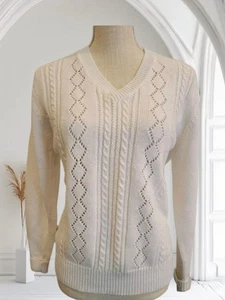 Suéter tejido con cable vintage Herman Geist para mujer talla S marfil cuello en V manga larga - Imagen 1 de 9