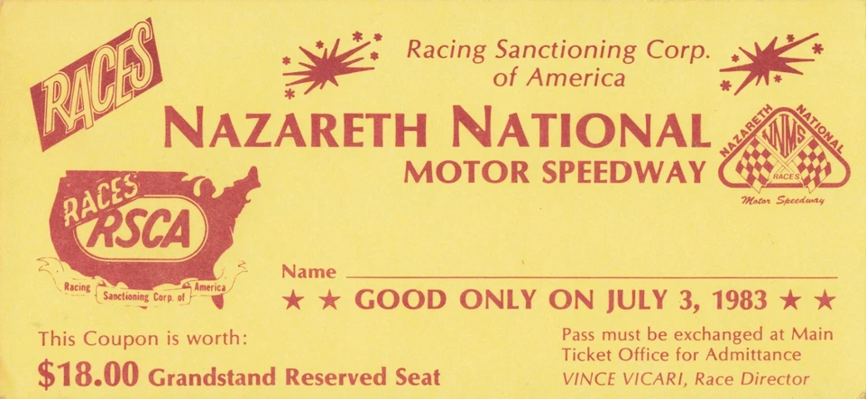 Boleto Nazareth National Motor Speedway 1983 Pennsylvania DE COLECCIÓN Foto 1 de 1