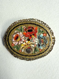 VINTAGE GOLD PLATED MICRO MOSAIC FLORAL BROOCH - Picture 1 of 3