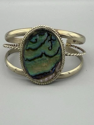 Vintage Cuff Bracelet Sterling Silver Abalone Shell Inlay Open Bangle Mexico - Image 1 of 4