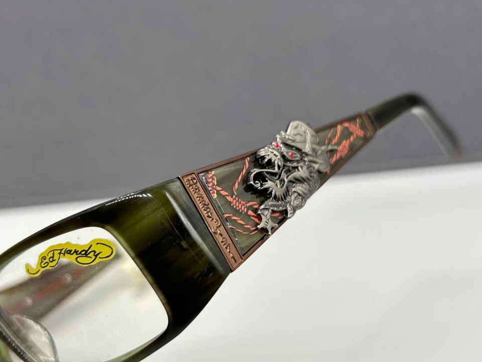 Monturas de gafas Ed Hardy hombres mujeres negras angulares dragón pedrería verde EHO704 Np Foto 1 de 4