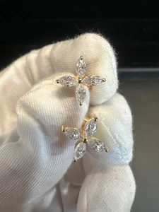 Unique Flower Diamond Earrings 14k Gold Brilliant Marquise Cut Diamond Studs - Picture 1 of 7