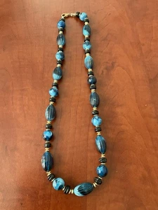 Blue, Blue, Black, Gold 22” Beaded Necklace. See Photos For Exact Detail & Cond. - Picture 1 of 8