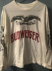 Pacsun Budweiser Long sleeve Graphic Shirt Size Medium White 100% Cotton - Picture 1 of 11