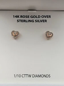 R H Macy & Co 14K Rose Gold Over Sterling Silver Heart Studs 1/10 CT TW Diamonds - Picture 1 of 6
