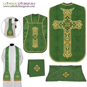 NEW Green Roman Chasuble Fiddleback Vestment and Mass set, IHS embroidery - Picture 1 of 1