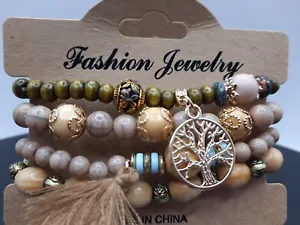 Armband Holzperlen Quaste & Lebensbaum Stretch Anhänger Bracelet - Bild 1 von 2