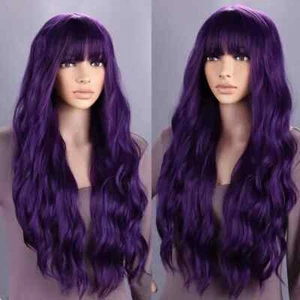 Long Purple Wig for Women 28" Wig with Bangs Curly Wavy Natural Cute Soft Wig - Picture 1 of 8