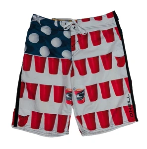 O'Neill Boardshorts Uomo 30 Birra Pong Bandiera USA Nuoto Surf Spiaggia Vacanze Frat Boy - Foto 1 di 10