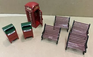 Miniature, Metal Village Accessory Lot-4 Benches, 2 Mailboxes & A Phone Booth - Picture 1 of 4
