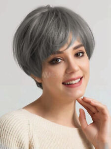 100% Human Hair New Fashion Women's Short Gray Natural Wig 8In