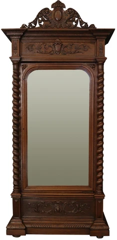 Antique Armoire Wardrobe French Hunting Renaissance Oak Beveled Mirror Shelves Cover