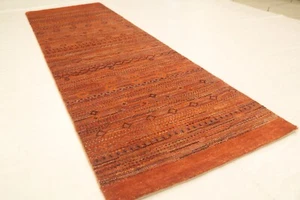 Orange 8 Ft Gabbeh Afghan Hand Knotted Tribal Striped Wool Runner Rug - Picture 1 of 12