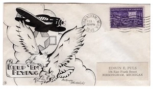 Dorothy Knapp Hand-Drawn Cachet #3 Keep 'Em Flying Plane & Eagle WWII Patriotic - Picture 1 of 2