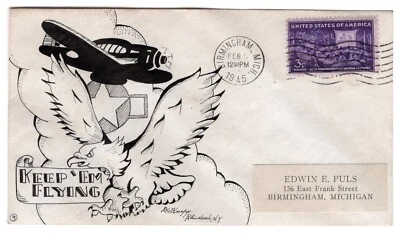 Dorothy Knapp Hand-Drawn Cachet #3 Keep 'Em Flying Plane & Eagle WWII Patriotic - Image 1 of 2