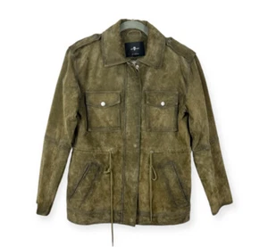 7 For All Mankind Giacca Utility Donna Piccola Pelle Scamosciata Verde Foderata Tasche - Foto 1 di 10
